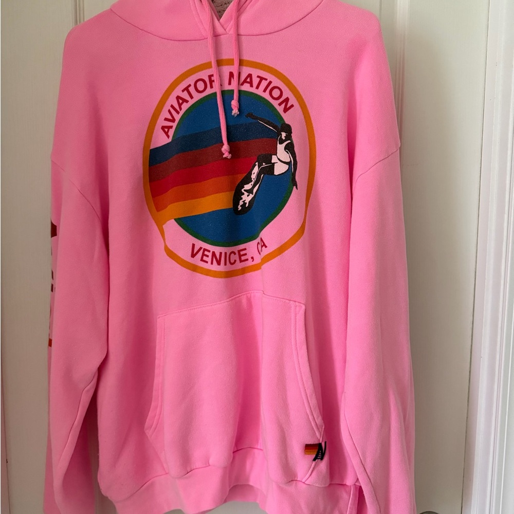 Aviator Nation Bright Pink Hoodie with Rainbow Logo